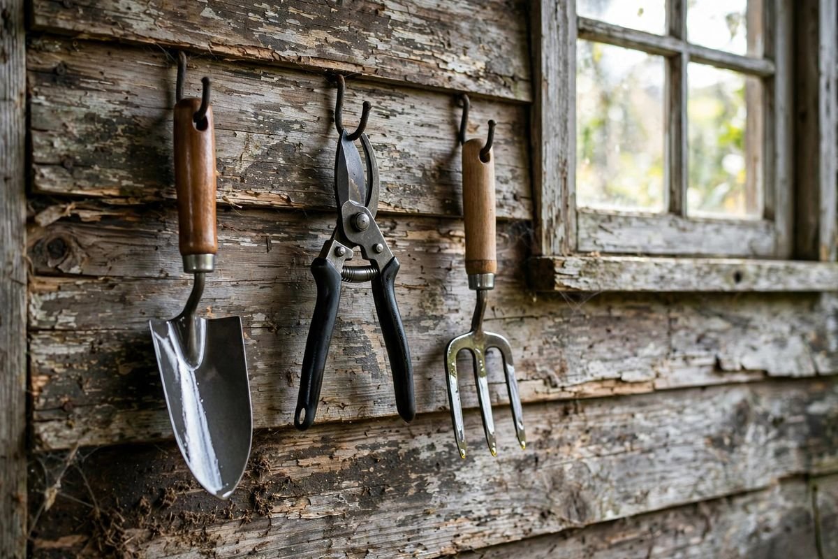 Clean oiled garden tools hanging on a shed wall
