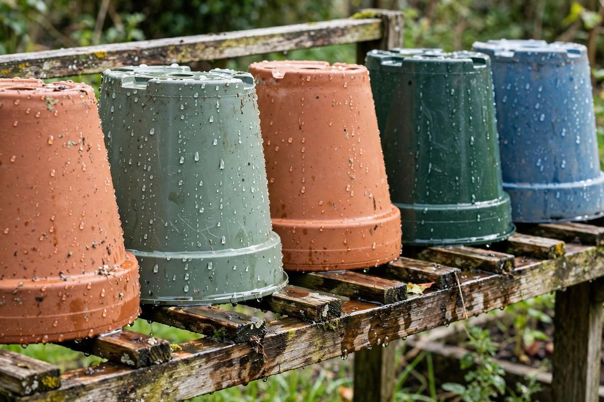 Clean terracotta and plastic pots drying upside down on a wooden rack outdoors in daylight