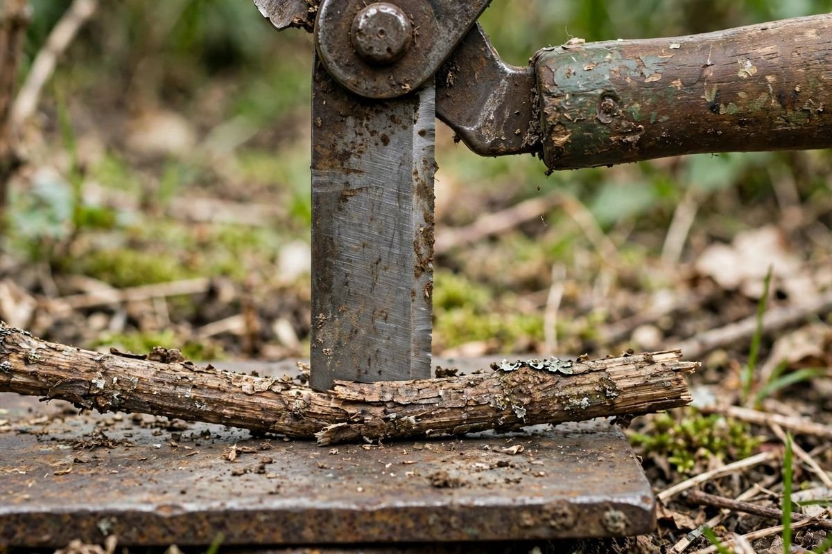 Close-up of an anvil pruner straight blade pressing a dry dead stem against its flat pad