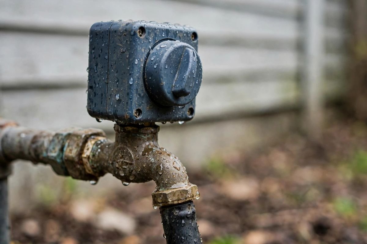 Close-up of a battery hose timer dial mounted on a weathered outdoor spigot