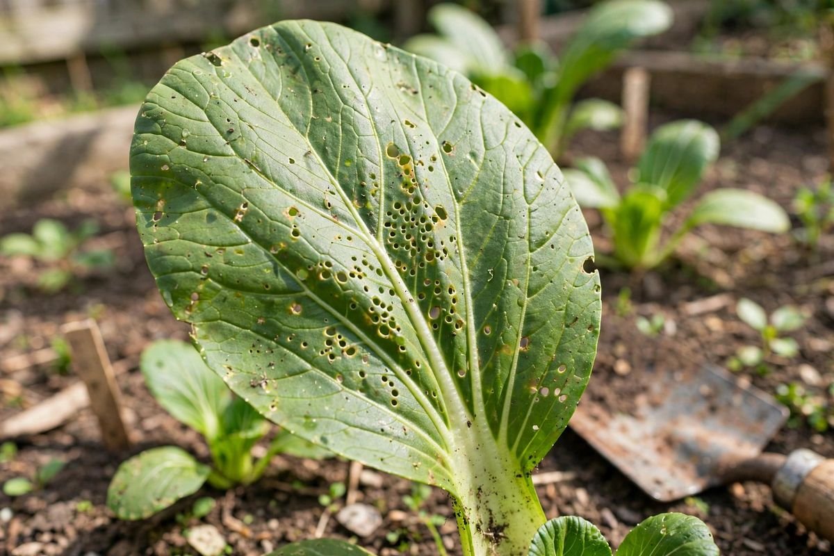 Close-up of a bok choy leaf with small round flea beetle holes in natural daylight