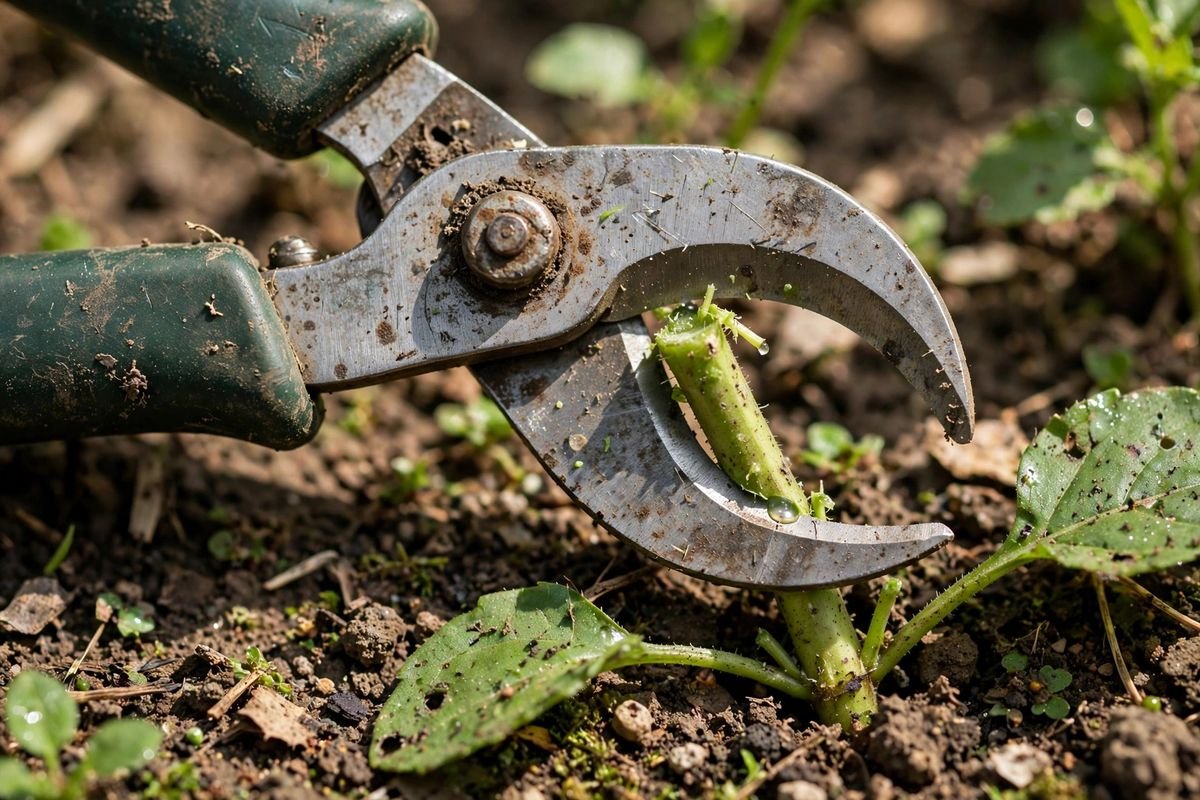 Close-up of bypass pruner curved blades making a clean cut through a green plant stem over garden soil