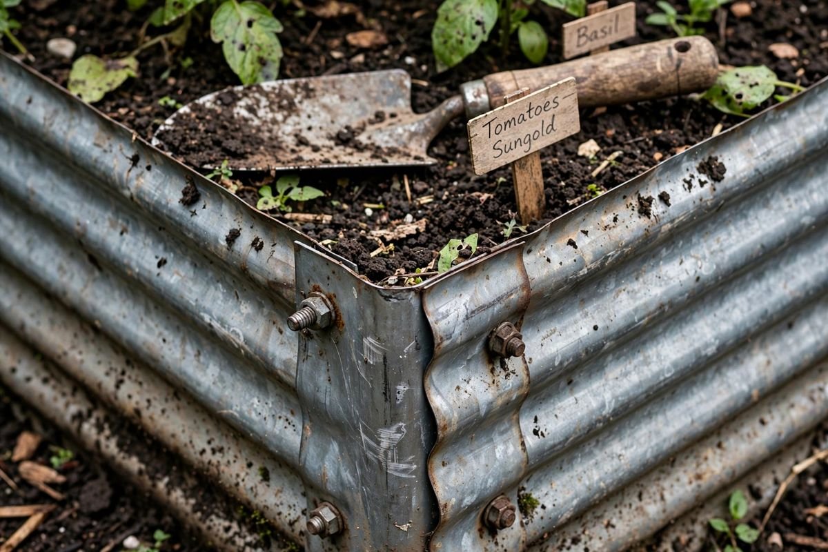 Close-up of corrugated metal panel and corner joint on a raised bed