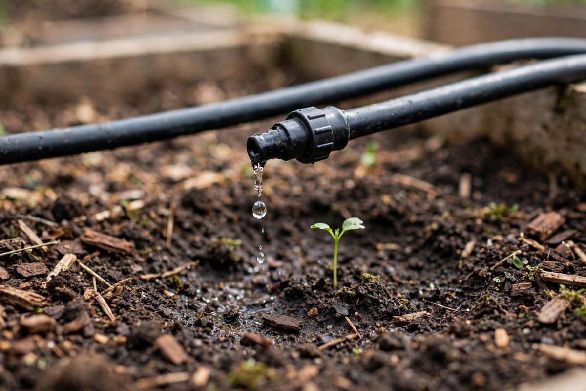 Close-up of a drip emitter releasing a droplet into dark soil beside a young seedling
