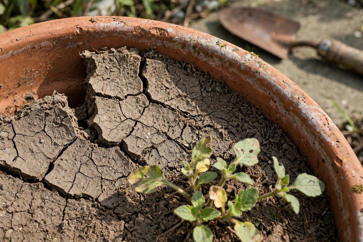 Close-up of dry, cracked potting soil surface pulling away from the edge of a terracotta pot