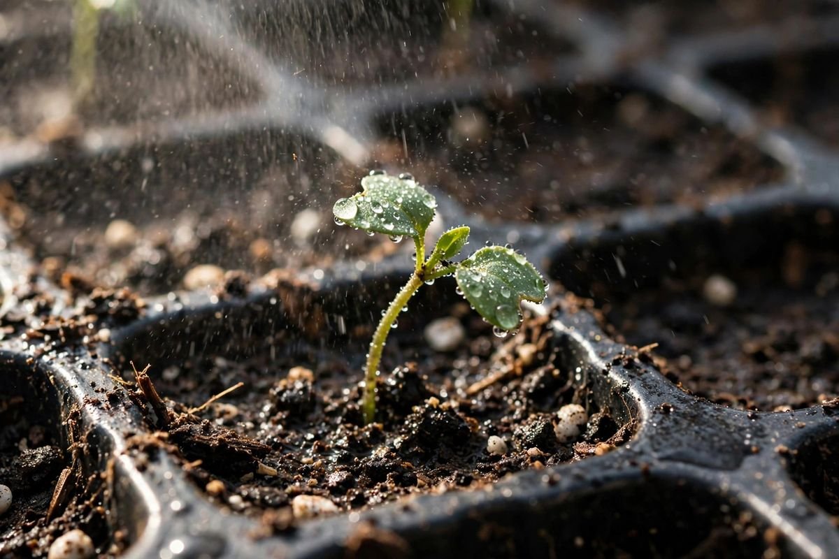 Close-up of fine mist droplets landing on seedling leaves and damp seed-starting mix in a cell tray