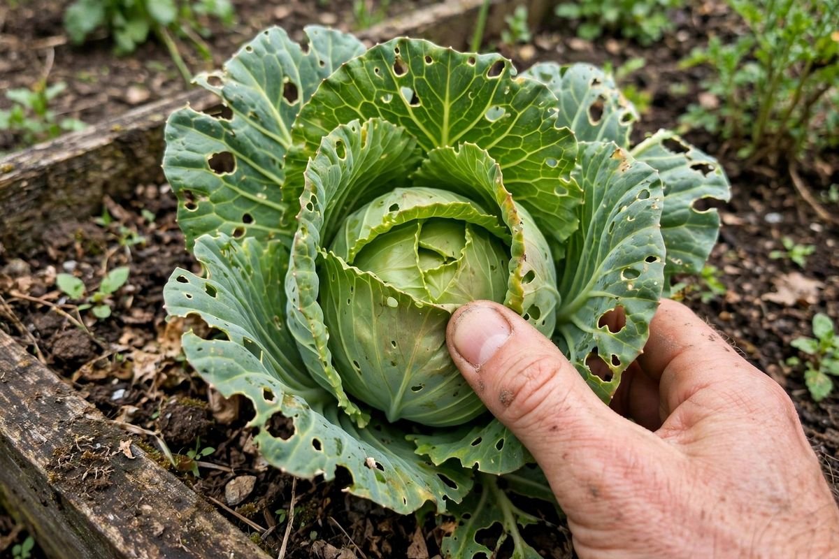 Close-up of a forming cabbage head with outer leaves showing small insect holes