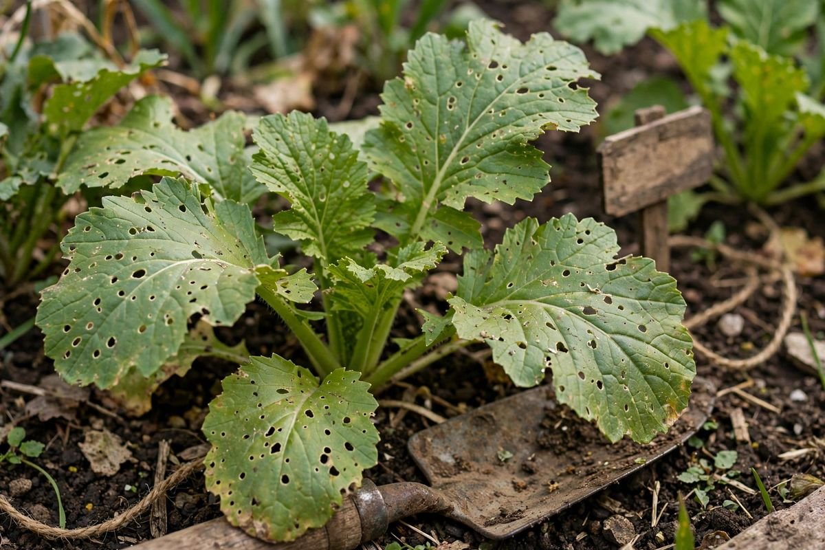 Close-up of mustard green leaf with tiny flea beetle holes in natural daylight