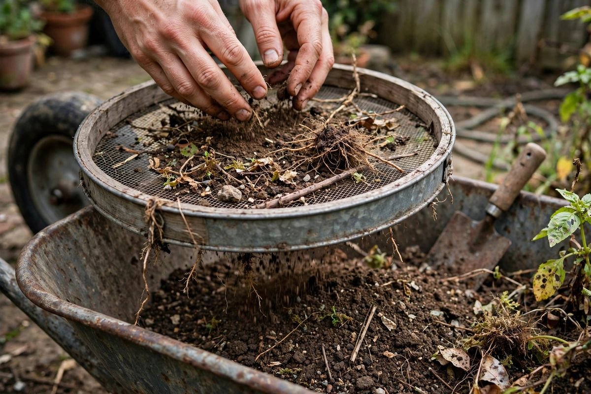 Close-up of old potting soil with a dense mass of roots from last season's plant