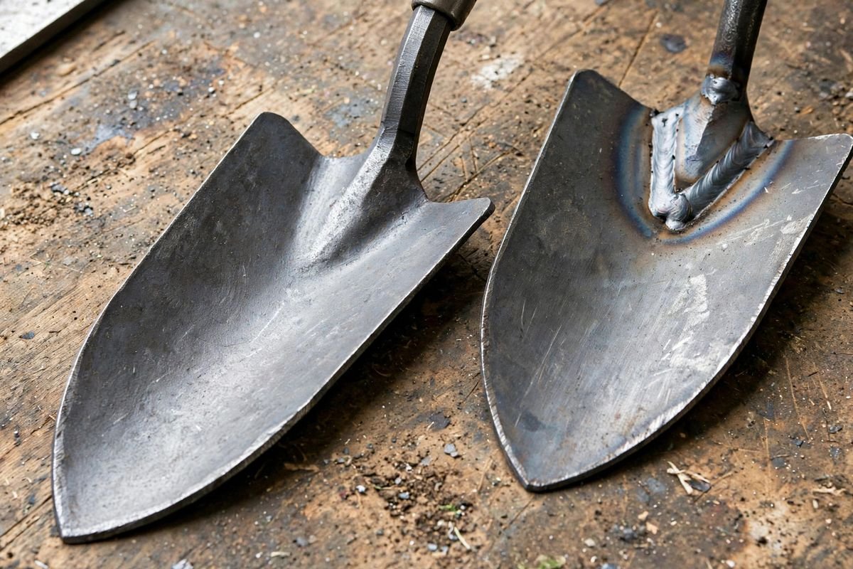 Close-up of a one-piece forged trowel showing the blade flowing into the tang beside a welded trowel with a visible joint