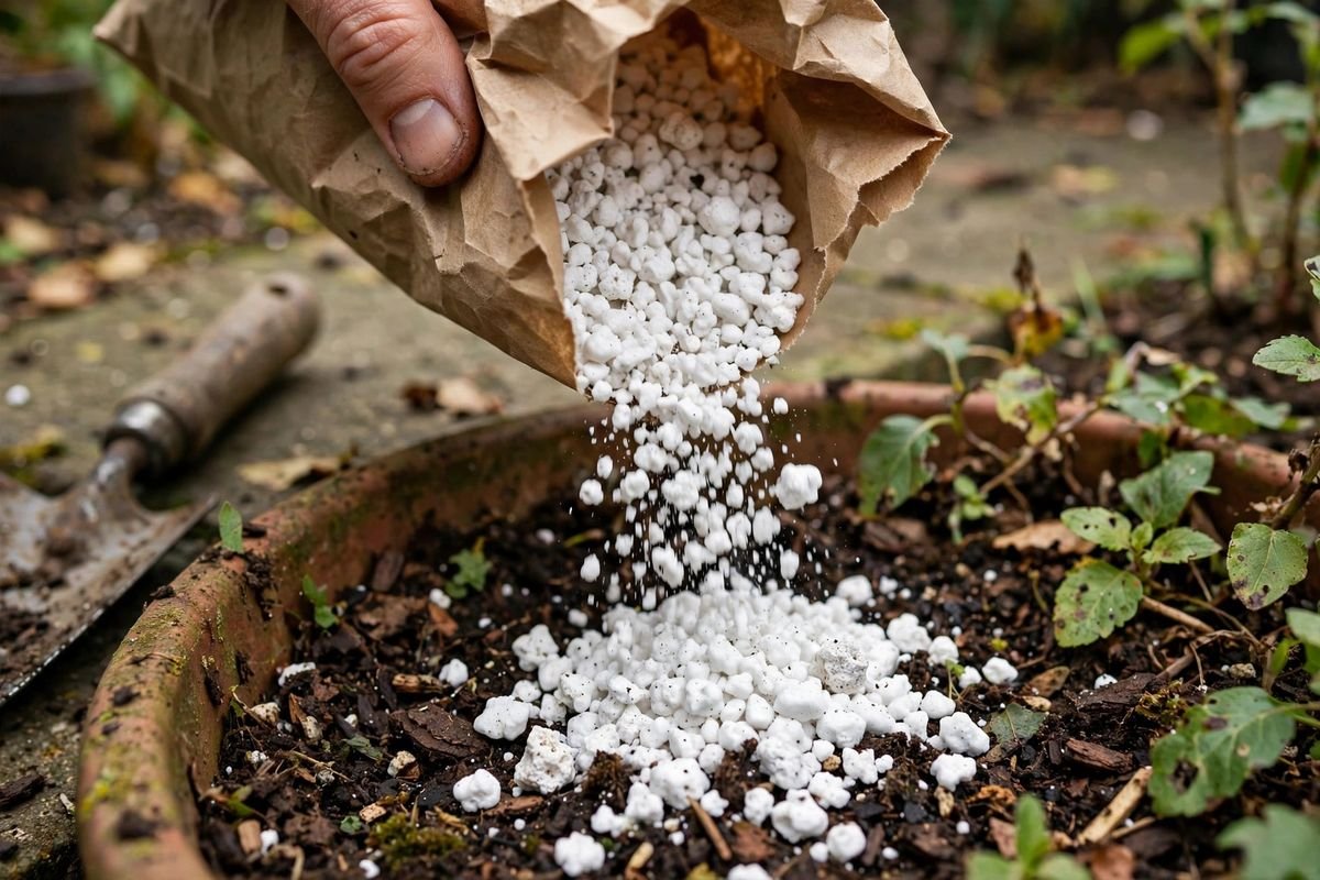 Close-up of perlite granules being mixed into potting soil for drainage