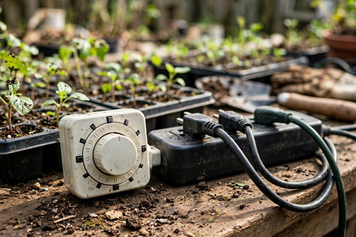 Close-up of a plug-in outlet timer beside a power strip on a workbench, dial visible with no brand markings, seed trays blurred behind