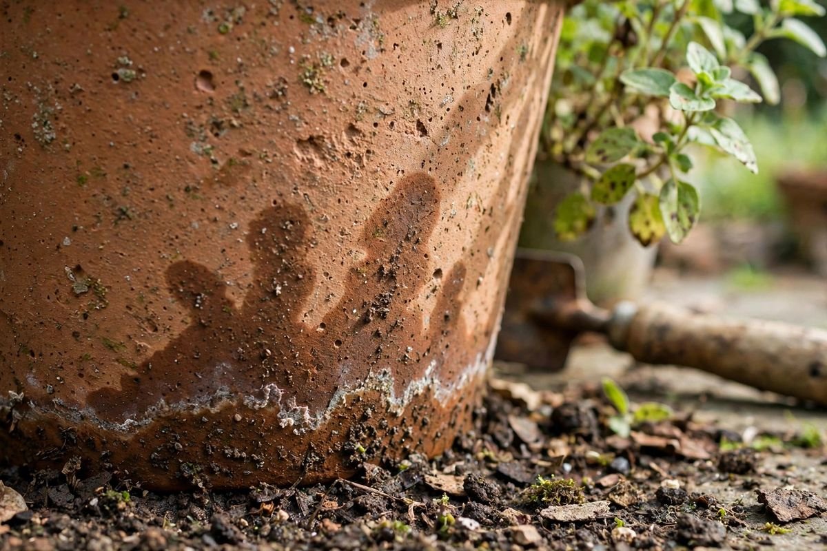 Close-up of a porous terracotta pot wall with a dark damp stain wicking up from the soil line and a pale mineral crust near the base