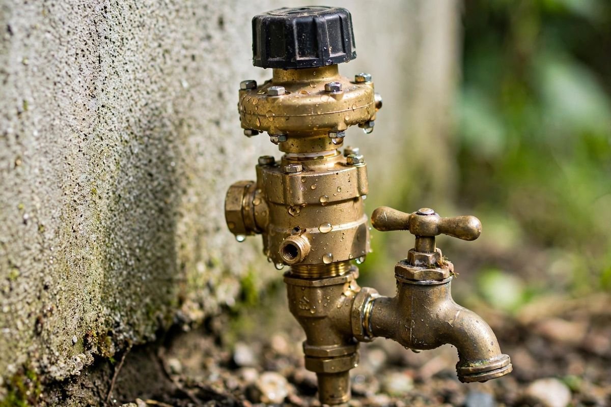 Close-up of a pressure regulator and backflow preventer connected at an outdoor faucet