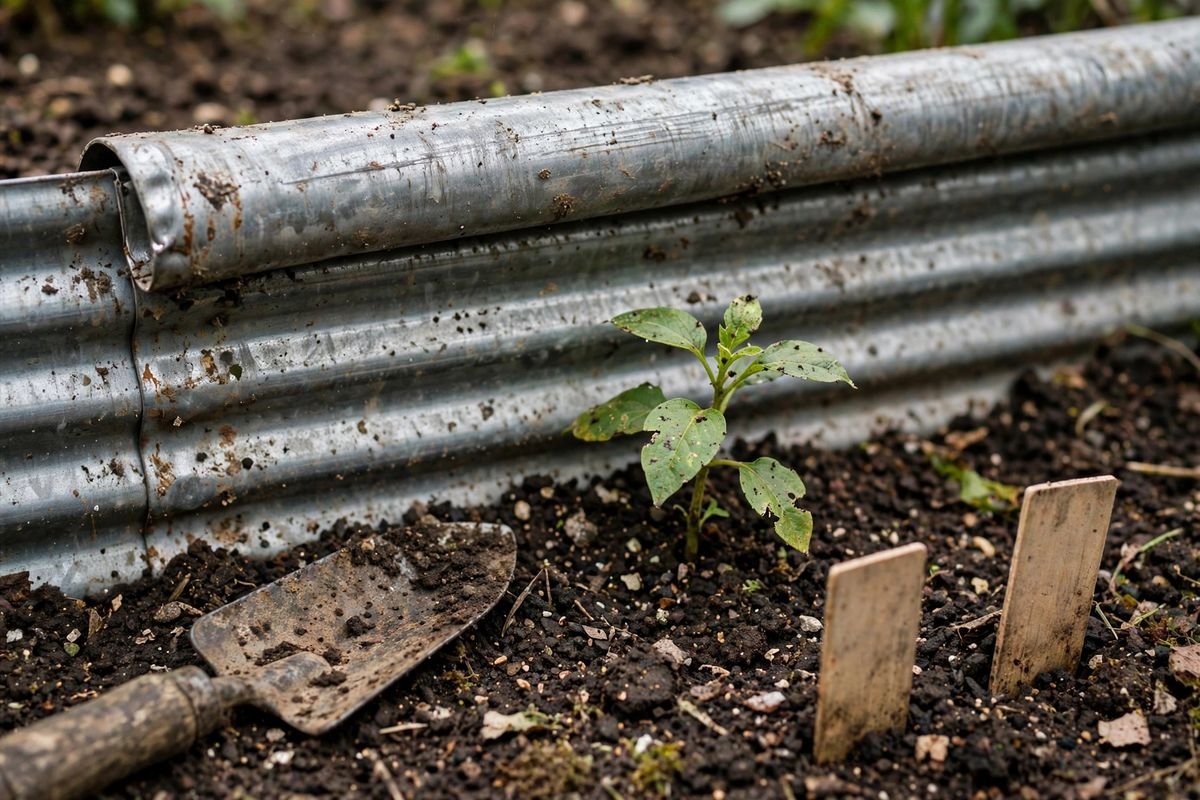 Close-up of a rolled safety edge on a corrugated metal raised bed panel