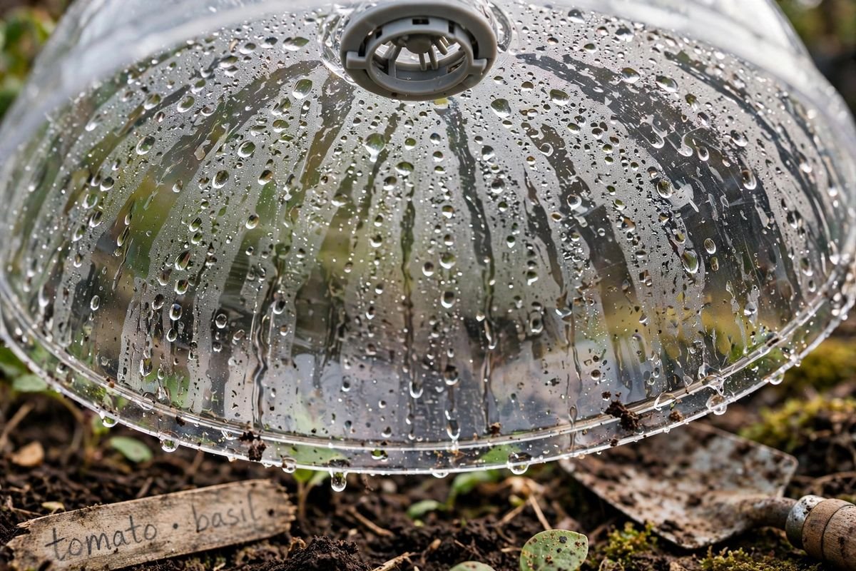 Close-up of a round vent on top of a clear humidity dome with water droplets underneath