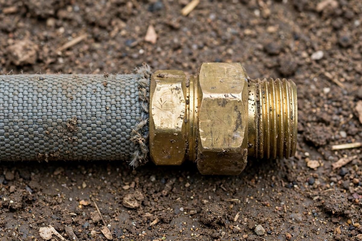 Close-up of a scuffed brass fitting on a fabric-covered expandable garden hose lying on soil