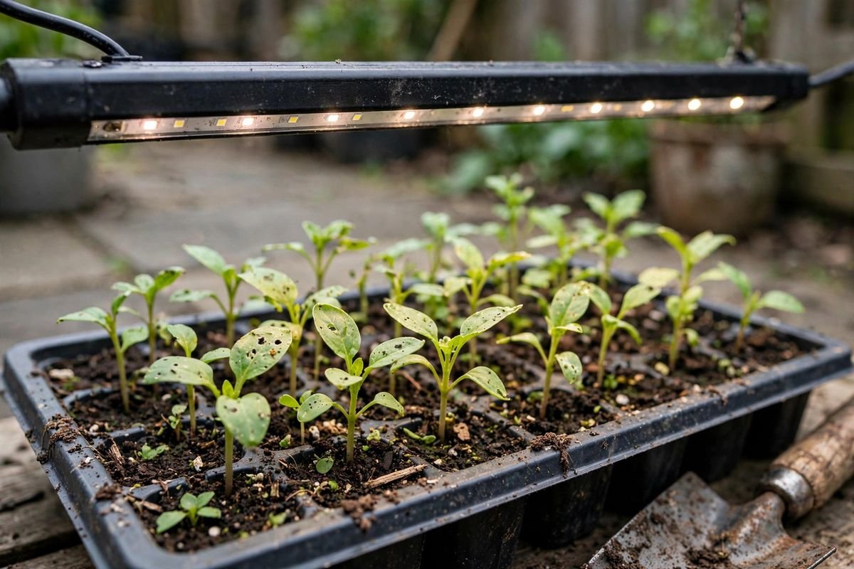 Close-up of a slim LED light bar with small diodes glowing off-white above young green seedlings in a seed tray