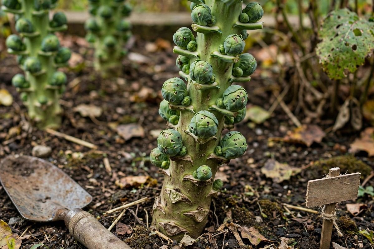 Close-up of small Brussels sprouts forming along a thick stalk with lower leaves removed