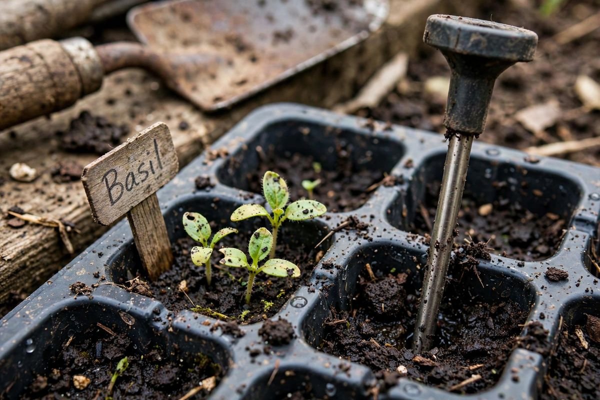 Close-up of a soil thermometer probe pushed into a seed cell beside tiny green seedlings