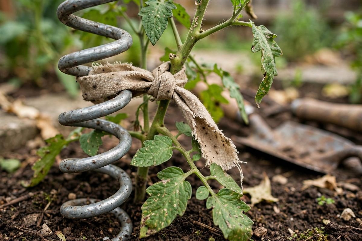 Close-up of a spiral metal stake with a soft fabric tie holding a tomato stem upright