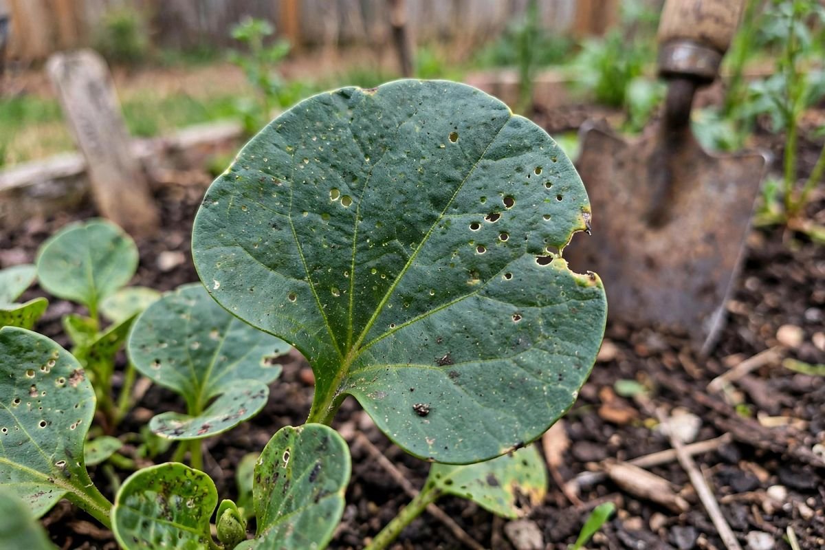 Close-up of a tatsoi leaf showing tiny flea beetle pinhole damage in natural light