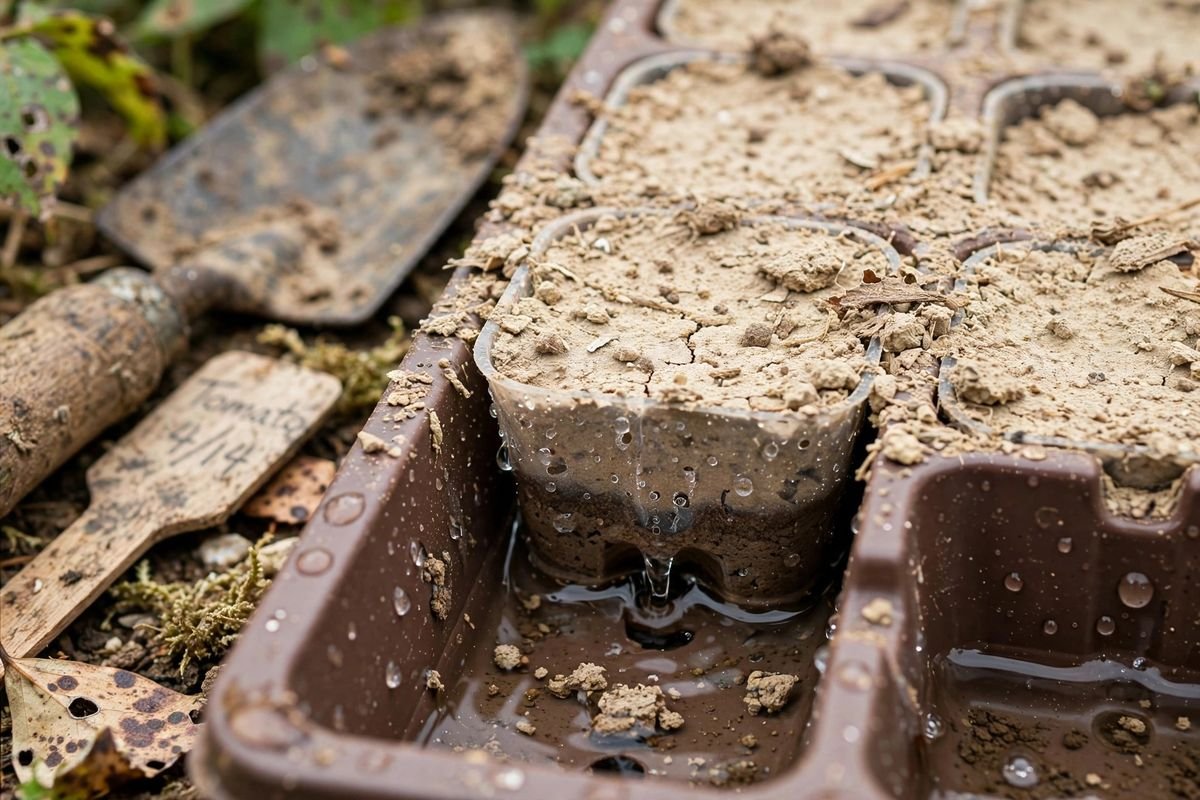 Close-up of water wicking up into a seed cell from the tray below, soil surface still dry