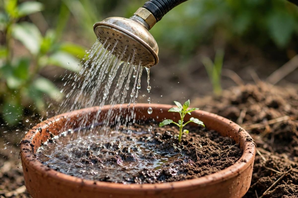 Close-up of a watering wand shower head spraying gentle droplets onto the soil surface of a container