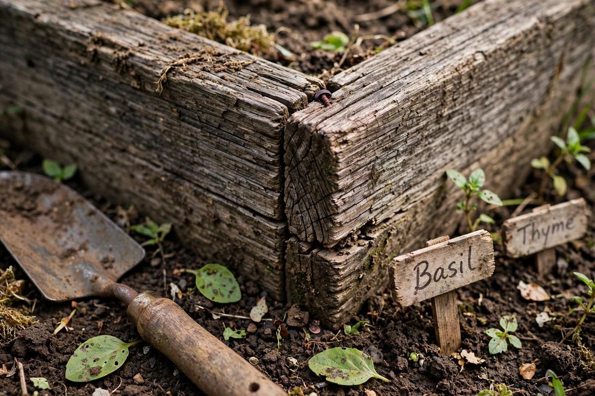 Close-up of weathered wooden bed boards with visible grain and a small crack at the corner
