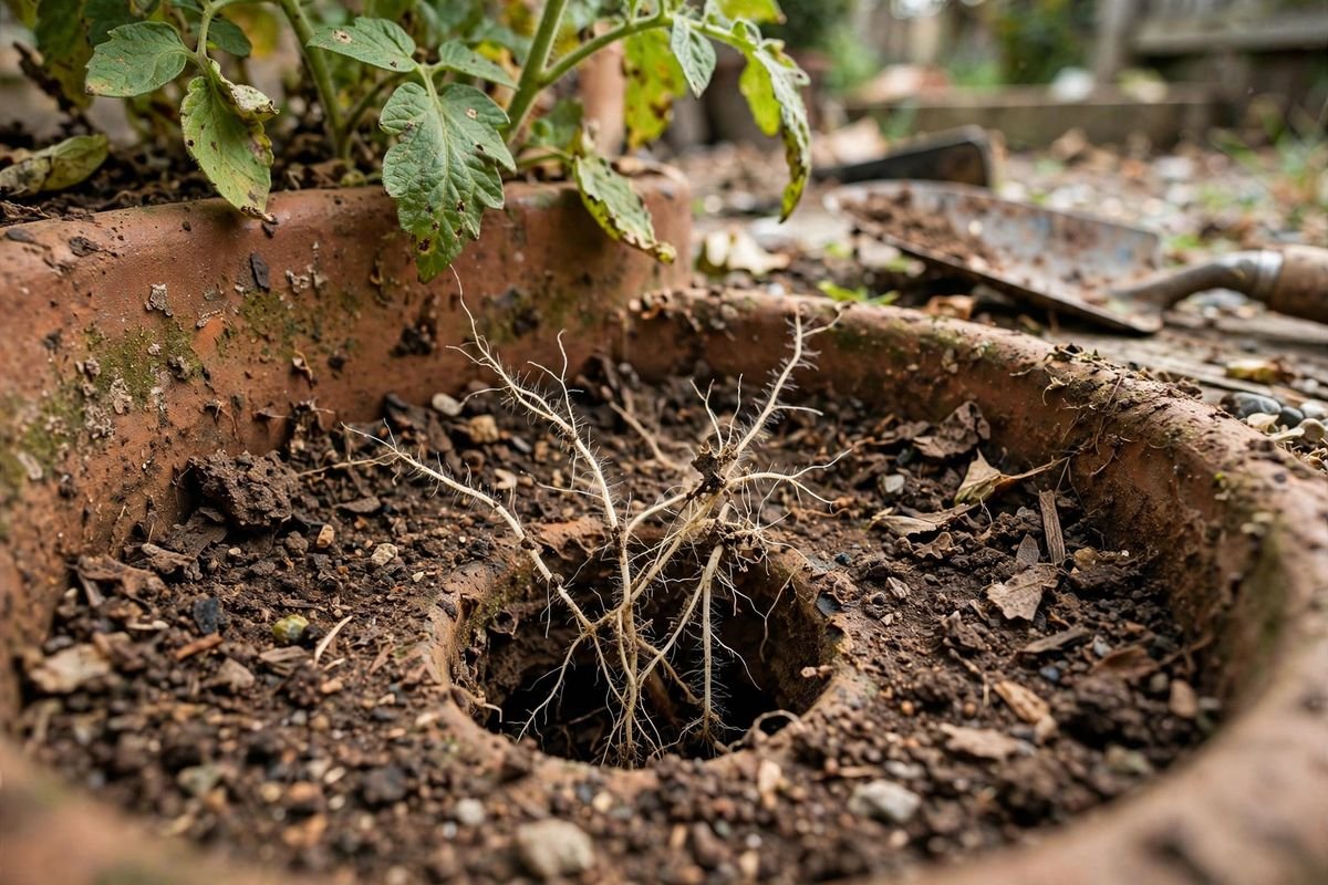 Close-up of white tomato roots reaching a drainage hole inside a weathered terracotta pot with dark potting mix