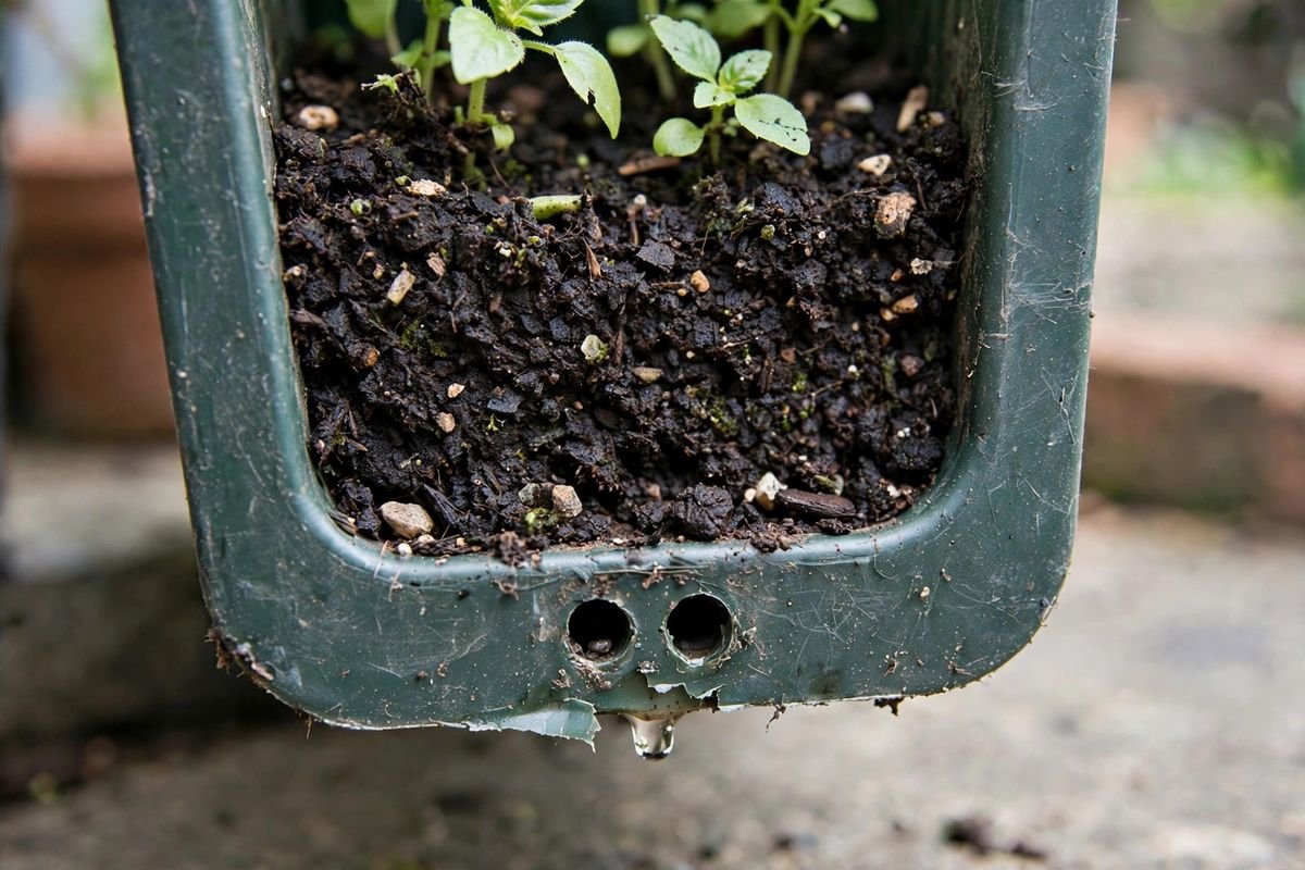 Close view of drainage holes and soil in one pocket of a vertical planter with a small herb growing