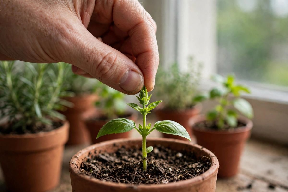 Close view of a hand pinching the tip of a basil plant above a pair of leaves with other herb pots softly blurred behind