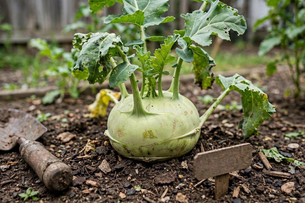Close view of a kohlrabi bulb swelling above soil with green leaves