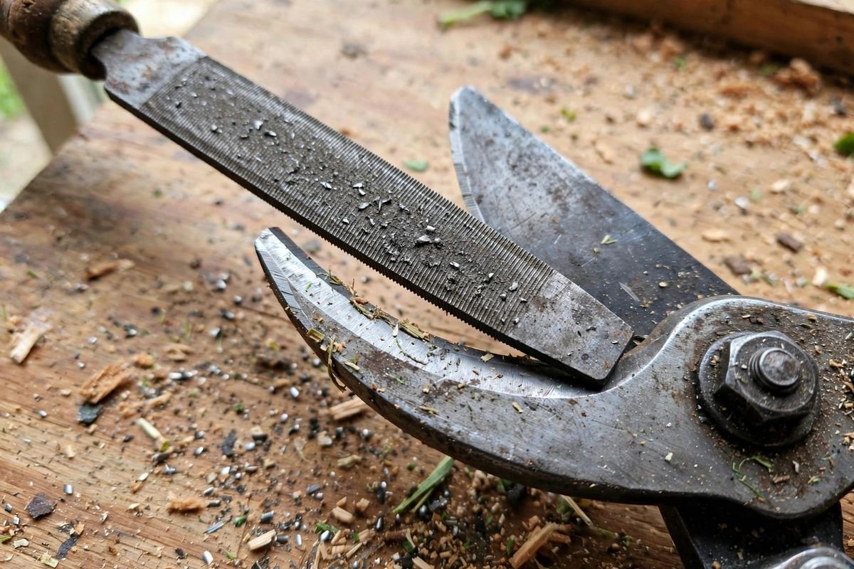 Close view of a metal file held at a shallow angle against the beveled edge of a bypass pruner blade