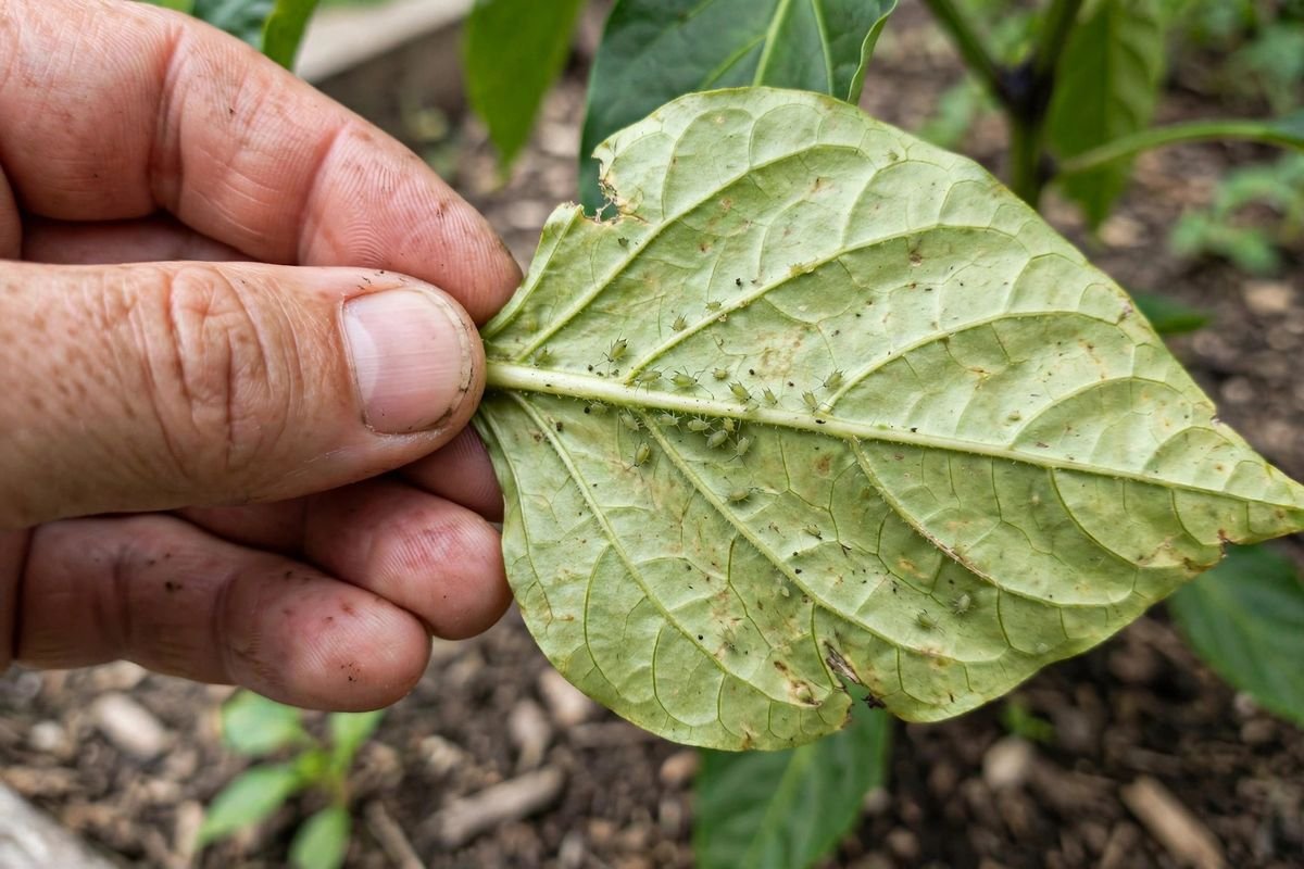 Close view of pepper leaf underside being checked for aphids in a home garden