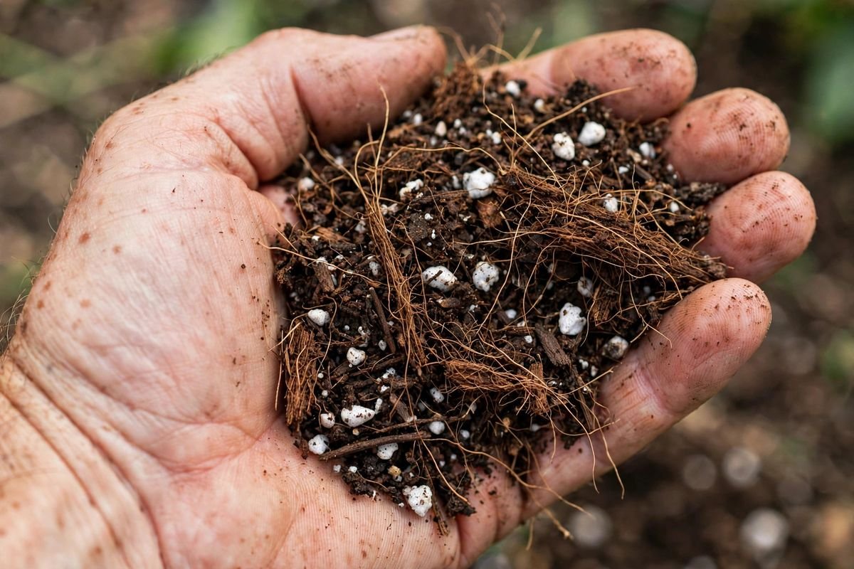 Close view of potting mix held in a hand showing white perlite flecks and fibrous brown coir strands