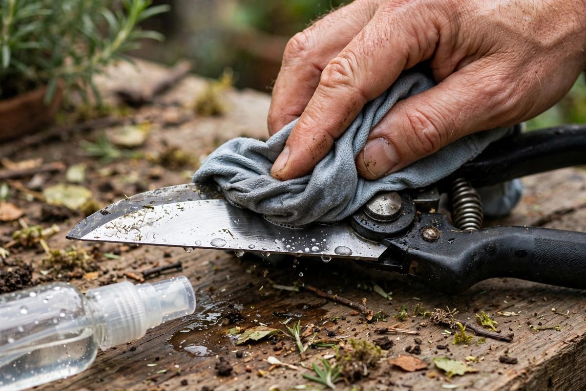 A cloth wiping disinfectant across a pruner blade
