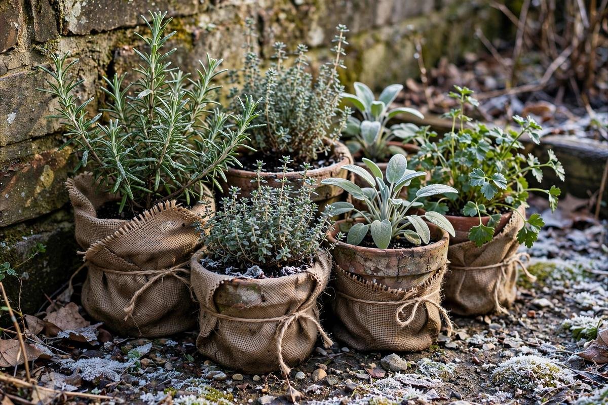 Cluster of potted herbs wrapped in burlap against a sheltered garden wall in winter