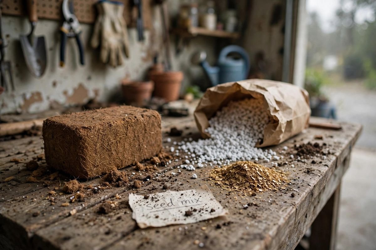 Coco coir brick and perlite spilled from a paper bag with a handwritten seed mix label on a weathered potting bench, gardening tools on a pegboard behind