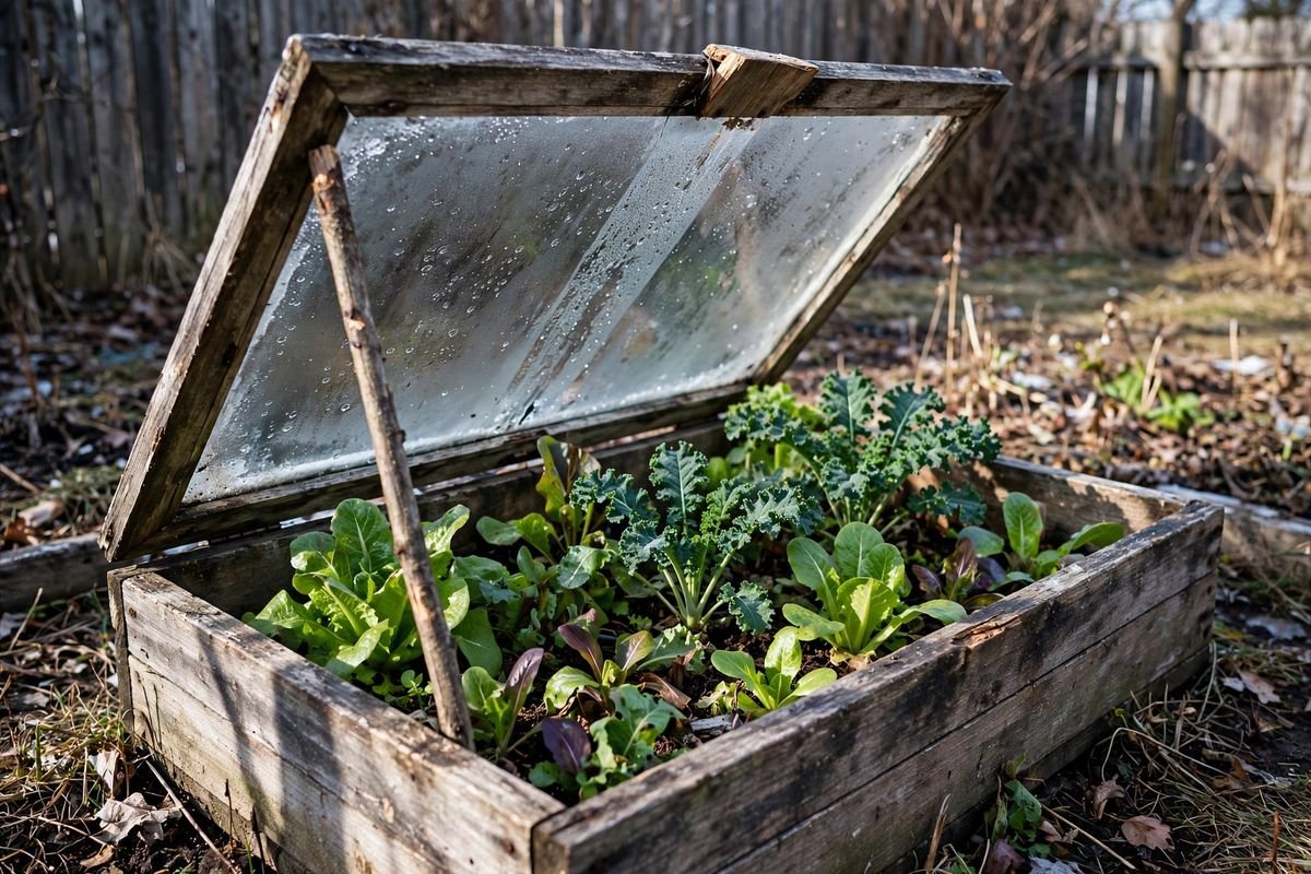 Cold frame lid propped open with a wooden stick on a bright winter day to vent warm air