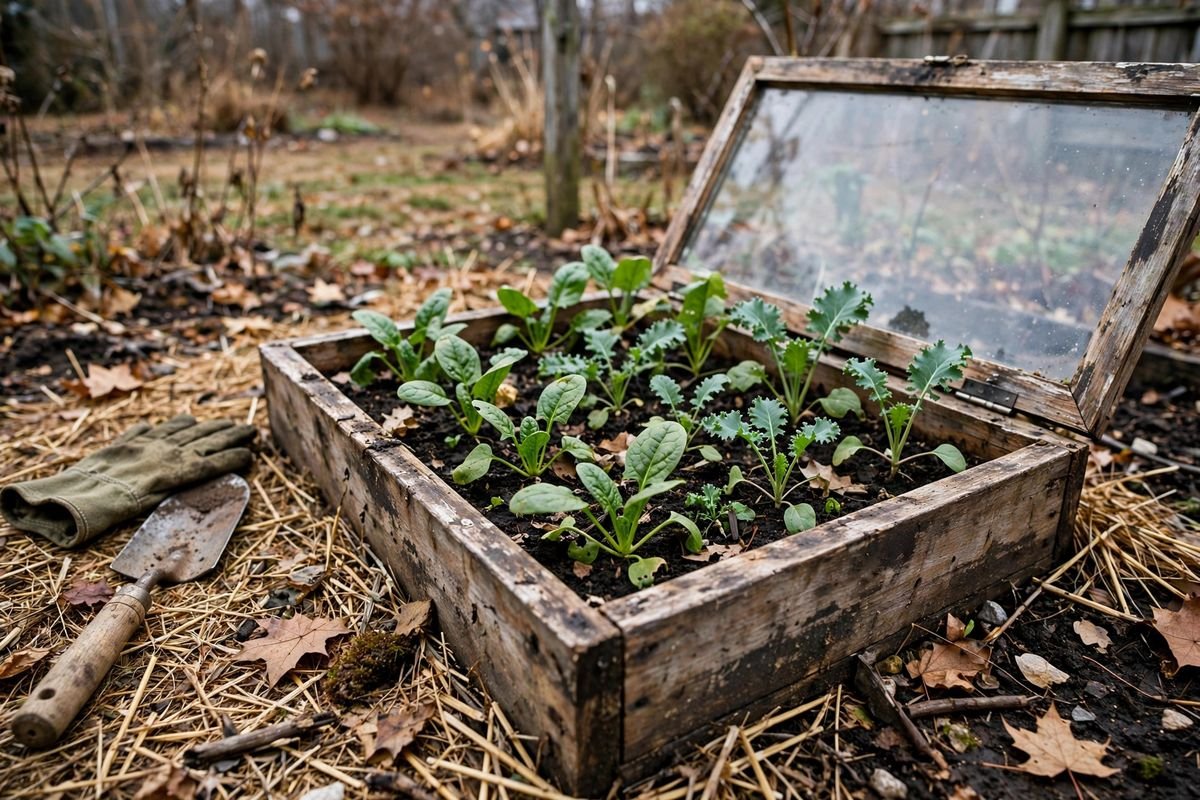 Cold frame with spinach and kale seedlings growing under glass in a late fall garden