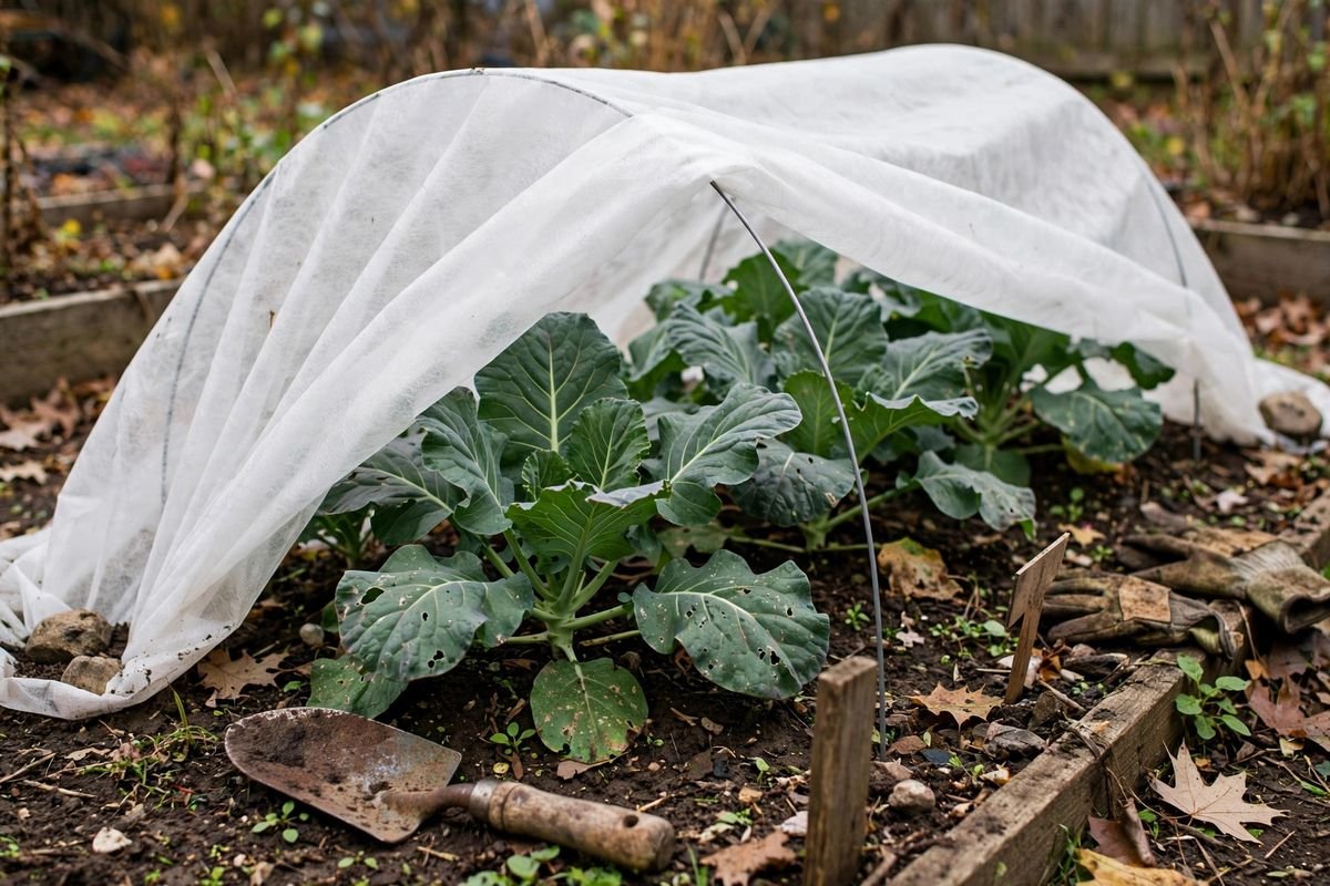 Collard greens growing under light row cover in a fall garden bed with soil visible