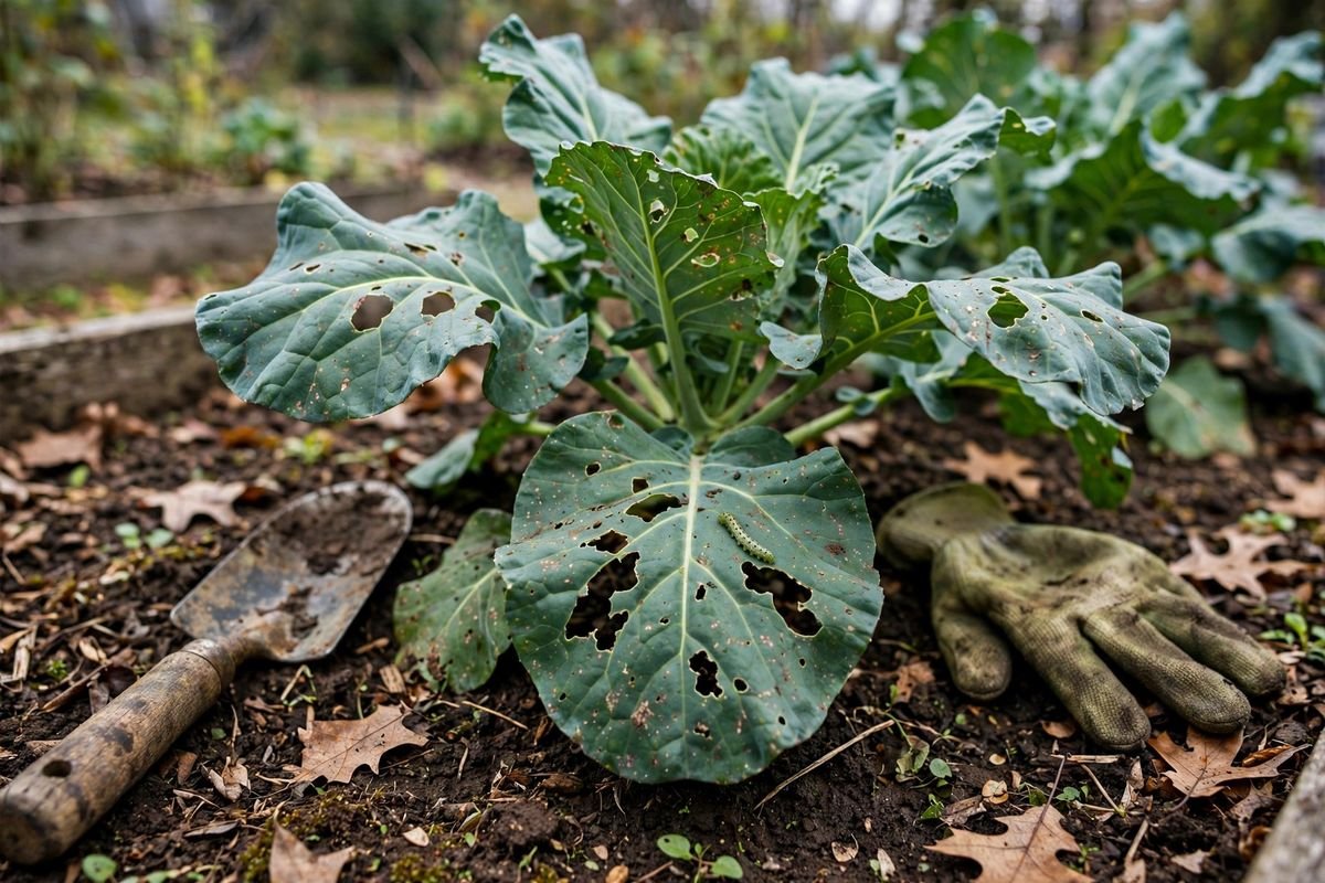 Collard leaf with small caterpillar holes and minor blemishes in natural garden light