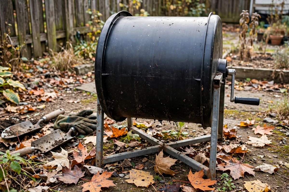 Compact black compost tumbler in a small backyard corner in autumn