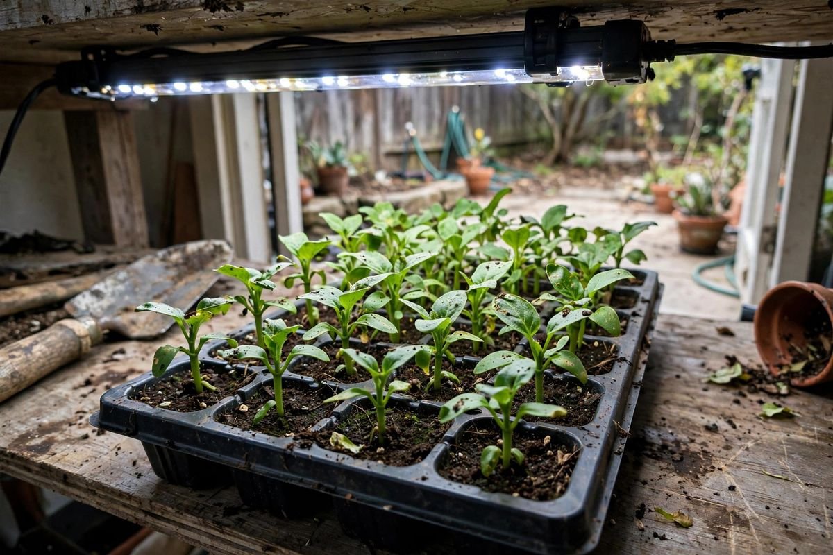 Compact sturdy green seedlings with short thick stems growing under a close LED light bar in a seed tray
