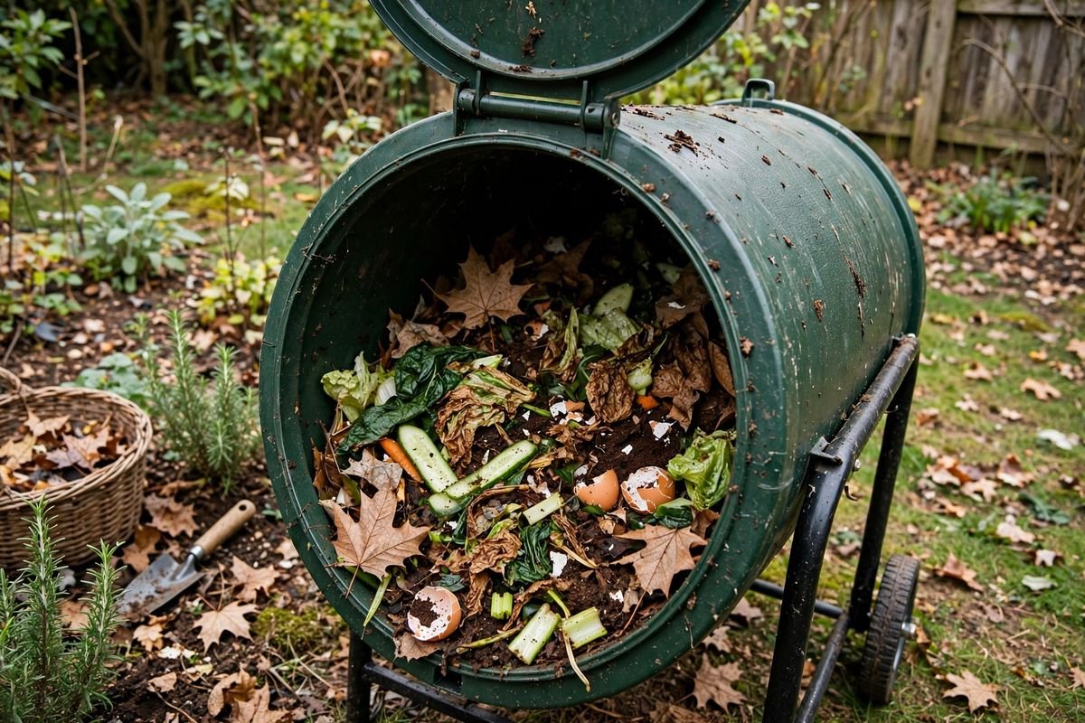 Compost tumbler mid-turn with green scraps and brown leaves visible through the open hatch