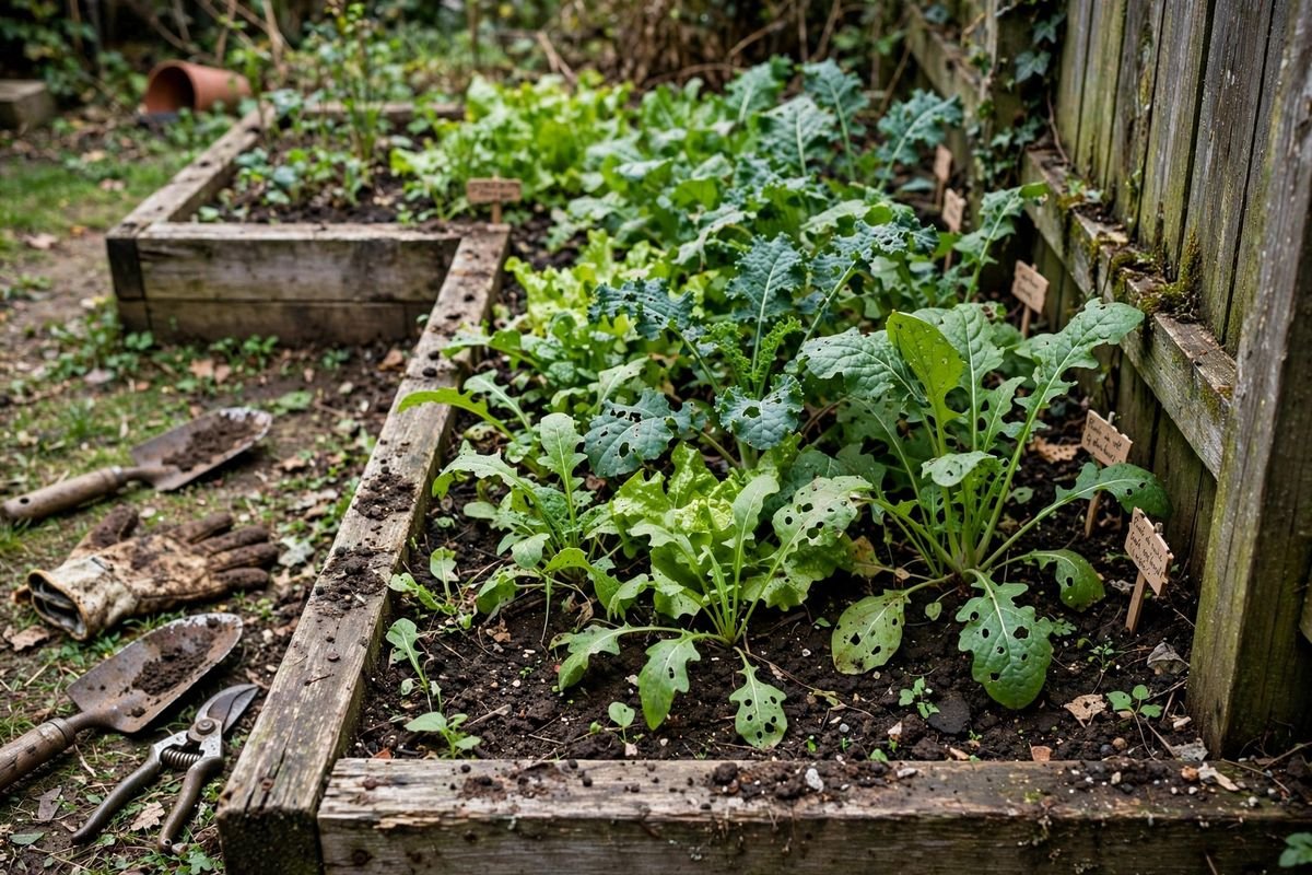 Corner-shaped raised bed tucked into the corner of a small yard with greens growing in it