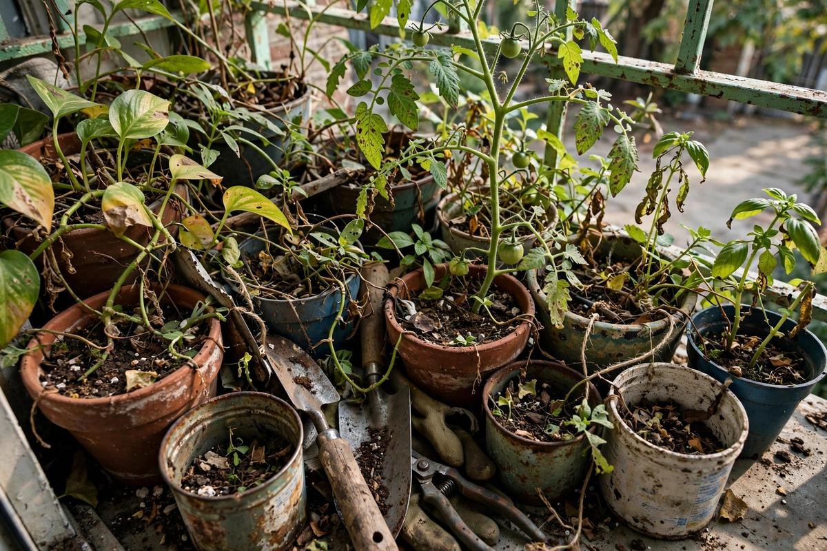 Crowded small balcony with too many pots crammed together and tangled plants