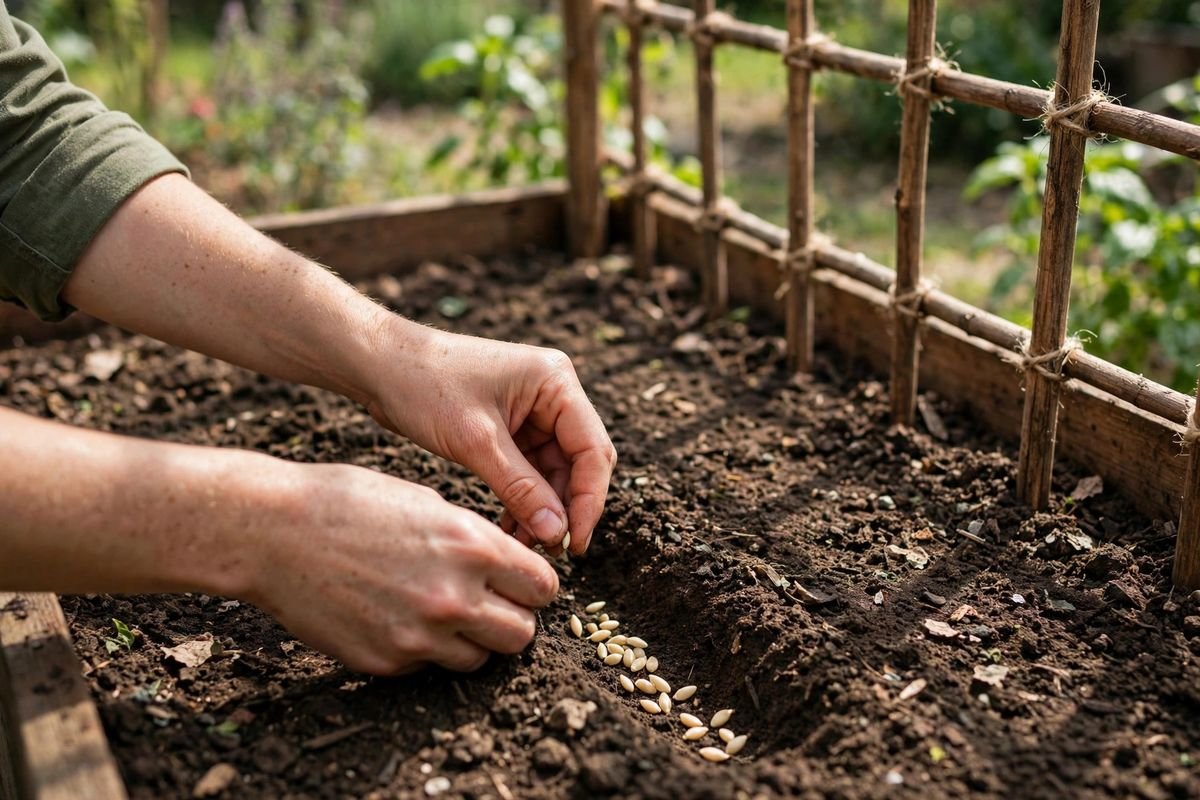 Cucumber seeds being sown into warm dark soil beside a trellis in a raised bed