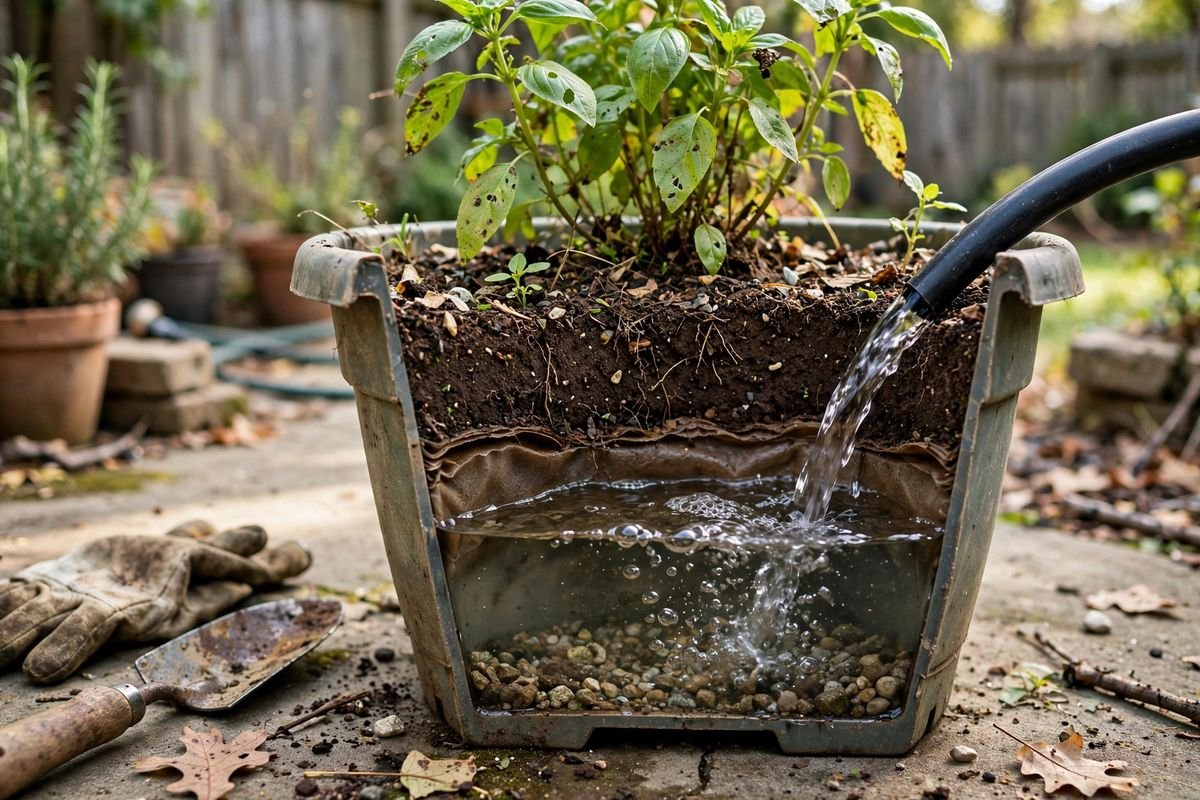 Cutaway view of a self-watering planter showing dark soil above a water reservoir with gravel, water being poured in through a tube